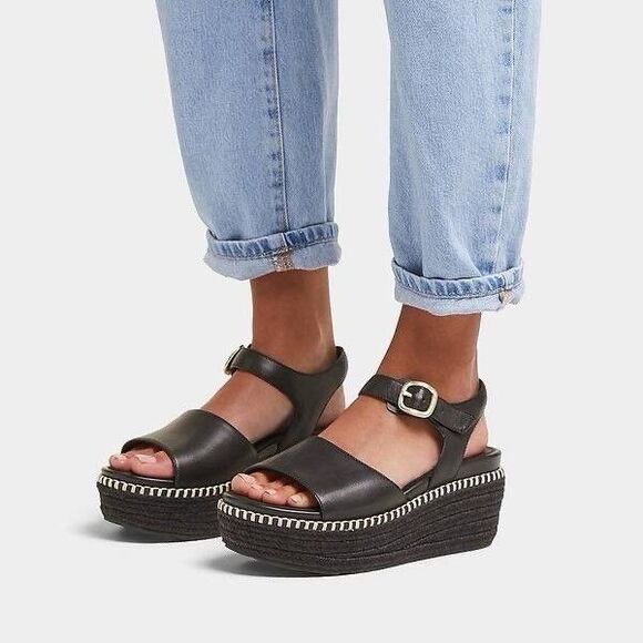 Fitflop Eloise Espadrille Leather Back-Strap Wedge Sandals Black Size 8 HS5-001 - Picture 1 of 12